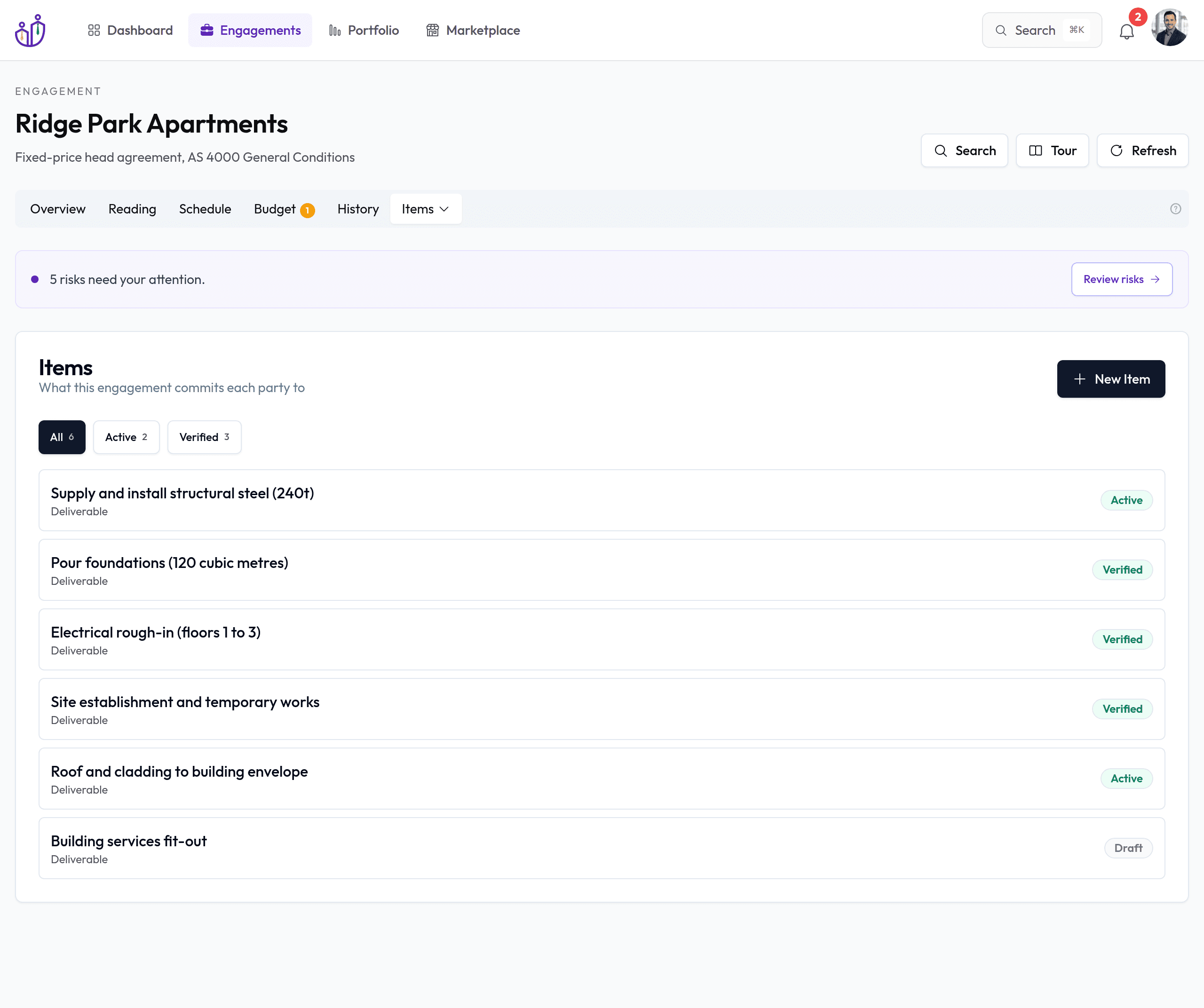 Nebula delivery items showing the commitments carried into the engagement workspace