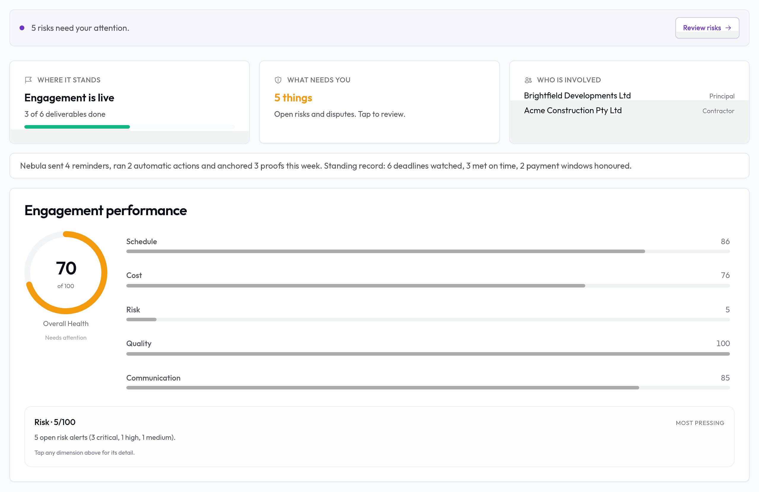 Nebula engagement overview showing delivery status, risks, participants and engagement performance
