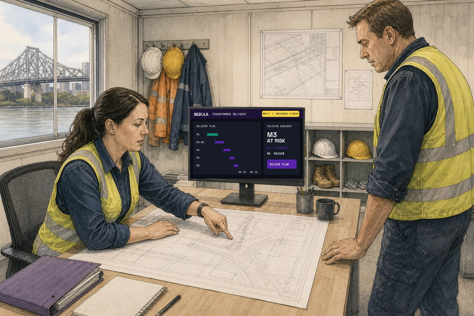 A project controls lead and site lead review a week 9 switchgear slip against the delivery plan in a Brisbane site office