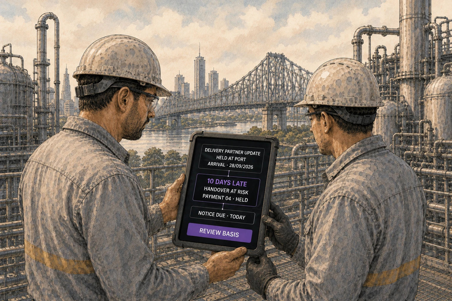 Two field operators review a delivery partner update showing arrival on 28/09/2026, a 10-day delay, handover risk, held payment and a notice due today