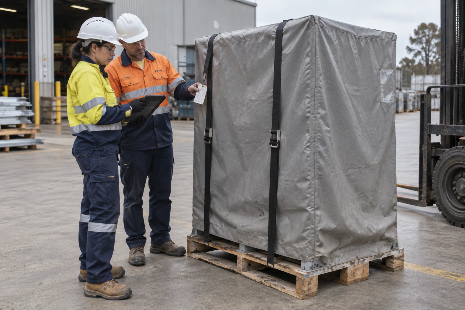 Two field operators discuss a delivery update on a tablet.